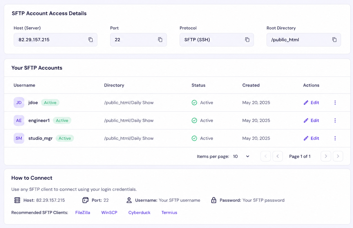SFTP account access details